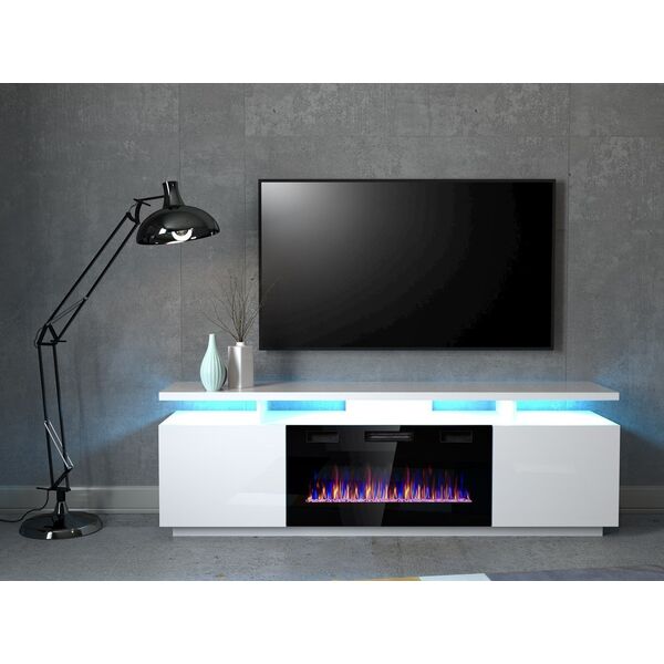 Cama Meble Szafka RTV EVA z kominkiem elektrycznym 180x40x52 biały/biały połysk