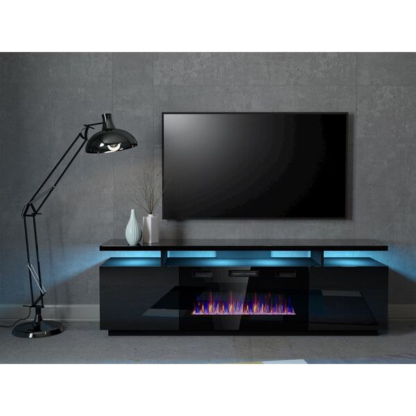 Cama Meble Szafka RTV EVA z kominkiem elektrycznym 180x40x52 czarny/czarny połysk