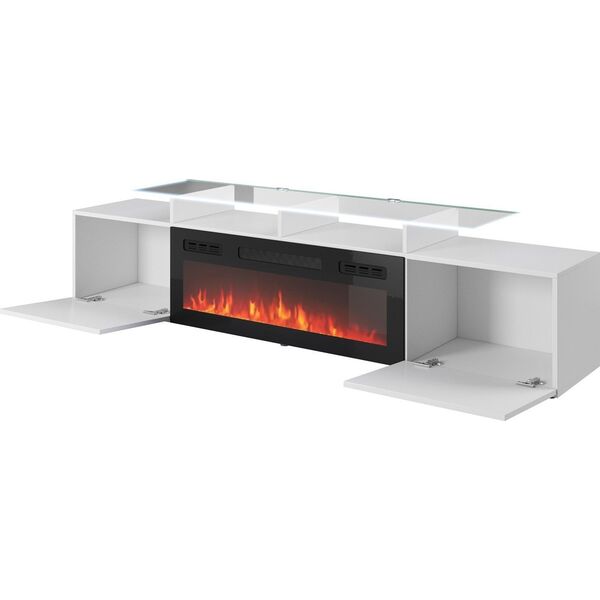 Cama Meble Szafka RTV ROVA z kominkiem elektrycznym 190x37x48 biały/biały połysk