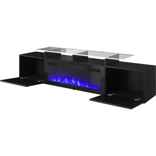 Cama Meble Szafka RTV ROVA z kominkiem elektrycznym 190x37x48 czarny/czarny połysk