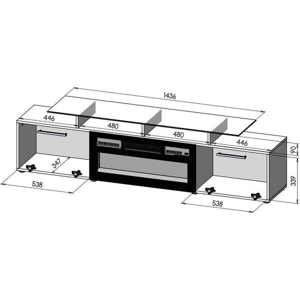 Cama Meble Szafka RTV ROVA z kominkiem elektrycznym 190x37x48 czarny/czarny połysk