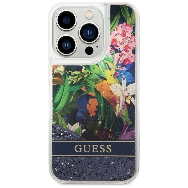 Guess Etui Guess GUHCP14XLFLSB Apple iPhone 14 Pro Max niebieski/blue hardcase Flower Liquid Glitter