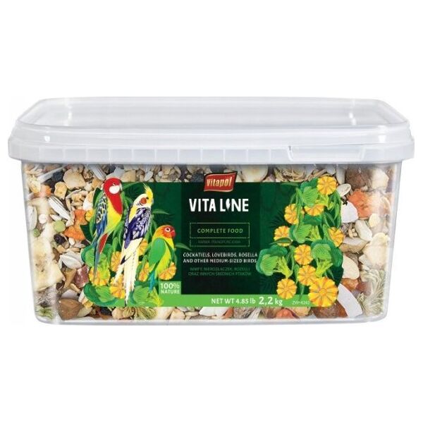 Vitapol Vitaline Karma pełnoporcjowa dla nimfy, nierozłączki, rozelli oraz innych średnich papug, wiadro 2,2 kg