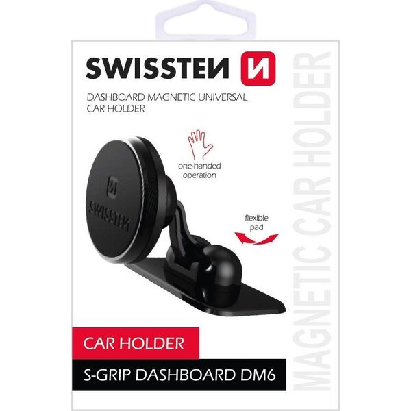 Swissten Uchwyt magnetyczny do telefonu lub GPS Swissten do samochodu, S-Grip Dashboard DM6, czarny, metal, z klejem, czarna, telefon