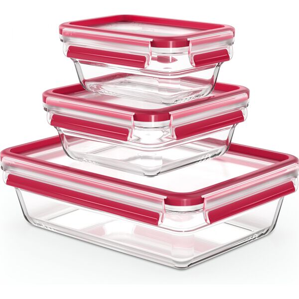 Emsa Emsa CLIP & CLOSE glass food storage jar, 3-piece set (transparent/red, rectangular, 3 jars + 3 lids)