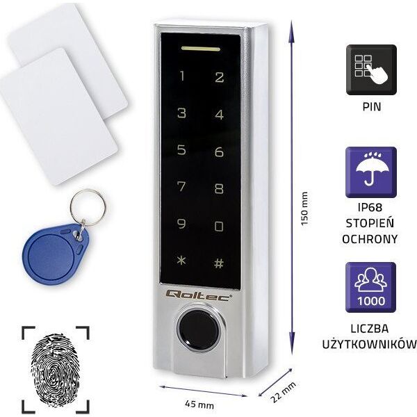 Qoltec Zamek szyfrowy dotykowy PROTEUS z czytnikiem linii papilarnych | RFID | kod | karta | brelok | dzwonek | IP68 | EM