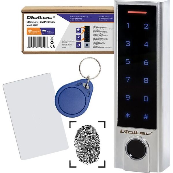 Qoltec Zamek szyfrowy dotykowy PROTEUS z czytnikiem linii papilarnych | RFID | kod | karta | brelok | dzwonek | IP68 | EM