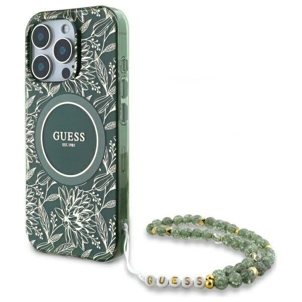 Original Case IPHONE 16 PRO MAX Guess Hardcase IML Flowers Allover Electro With Pearl Strap MagSafe green 3666339299637