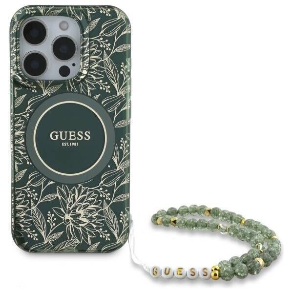 Original Case IPHONE 16 PRO MAX Guess Hardcase IML Flowers Allover Electro With Pearl Strap MagSafe green 3666339299637