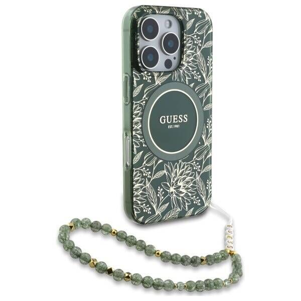Original Case IPHONE 16 PRO MAX Guess Hardcase IML Flowers Allover Electro With Pearl Strap MagSafe green 3666339299637