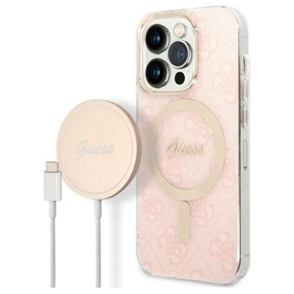 Guess Zestaw Guess GUBPP14LH4EACSP Case+ Charger iPhone 14 Pro 6,1" różowy/pink hard case 4G Print MagSafe NoSize