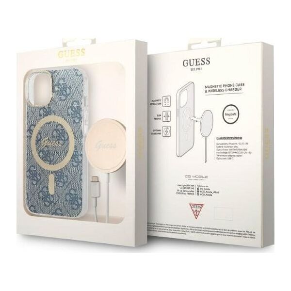 Guess Zestaw Guess GUBPP14MH4EACSB Case+ Charger iPhone 14 Plus 6,7" niebieski/blue hard case 4G Print MagSafe NoSize