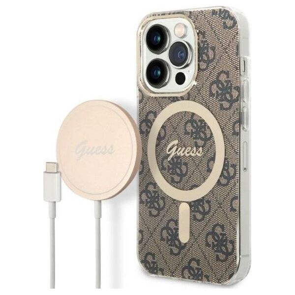 Guess Zestaw Guess GUBPP14XH4EACSW Case+ Charger iPhone 14 Pro Max 6,7" brązowy/brown hard case 4G Print MagSafe NoSize