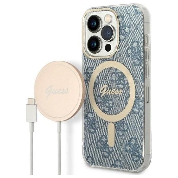 Guess Zestaw Guess GUBPP14XH4EACSB Case+ Charger iPhone 14 Pro Max 6,7" niebieski/blue hard case 4G Print MagSafe NoSize