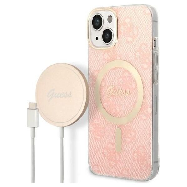 Guess Zestaw Guess GUBPP14SH4EACSP Case+ Charger iPhone 14 6,1" różowy/pink hard case 4G Print MagSafe NoSize