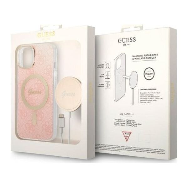 Guess Zestaw Guess GUBPP14SH4EACSP Case+ Charger iPhone 14 6,1" różowy/pink hard case 4G Print MagSafe NoSize