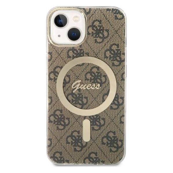 Guess Guess zestaw ładowarka MagSafe + etui do iPhone 14 6,1" brązowe 4G Print (GUBPP14SH4EACSW)