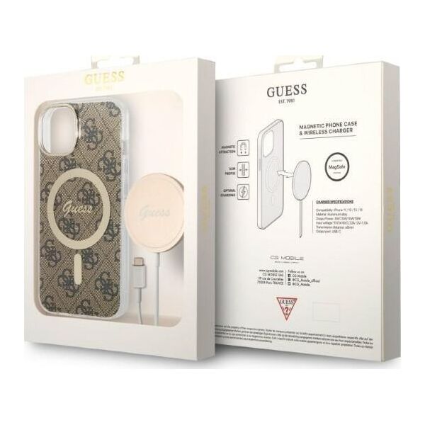 Guess Guess zestaw ładowarka MagSafe + etui do iPhone 14 6,1" brązowe 4G Print (GUBPP14SH4EACSW)