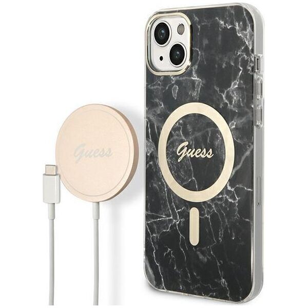 Guess Guess zestaw ładowarka MagSafe + etui do iPhone 14 Plus 6,7" czarne Marble (GUBPP14MHMEACSK)