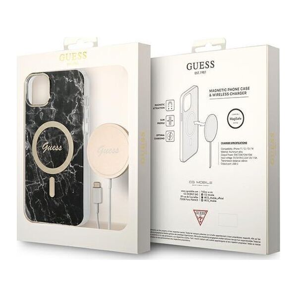 Guess Guess zestaw ładowarka MagSafe + etui do iPhone 14 Plus 6,7" czarne Marble (GUBPP14MHMEACSK)
