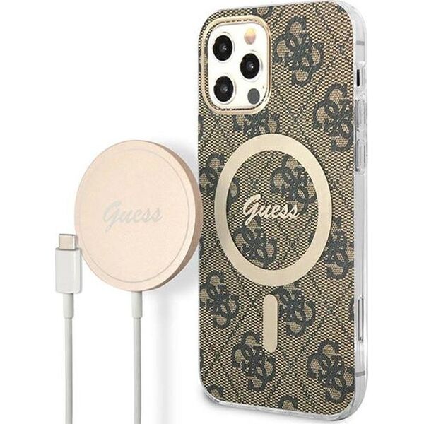 Guess Guess Bundle Pack MagSafe 4G - Zestaw etui + ładowarka MagSafe iPhone 12 / iPhone 12 Pro (brązowy/złoty)