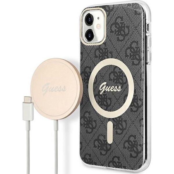 Guess Guess Bundle Pack MagSafe 4G - Zestaw etui + ładowarka MagSafe iPhone 11 (czarny/złoty)