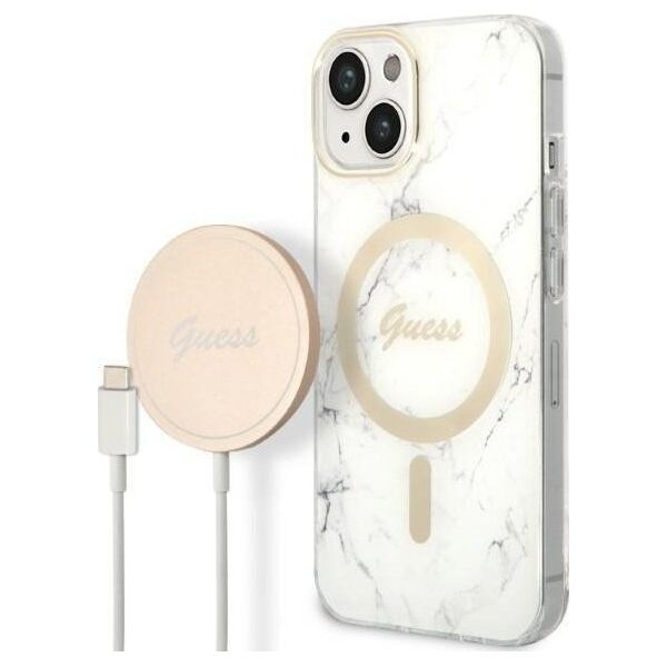 Guess Guess zestaw ładowarka MagSafe + etui do iPhone 14 Plus 6,7" białe Marble (GUBPP14MHMEACSH)