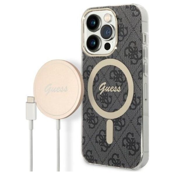 Ładowarka Guess Zestaw Guess etui + ładowarka bezprzewodowa GUBPP14LH4EACSK Apple iPhone 14 Pro czarny/black hard case 4G Print MagSafe