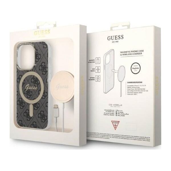 Ładowarka Guess Zestaw Guess etui + ładowarka bezprzewodowa GUBPP14LH4EACSK Apple iPhone 14 Pro czarny/black hard case 4G Print MagSafe