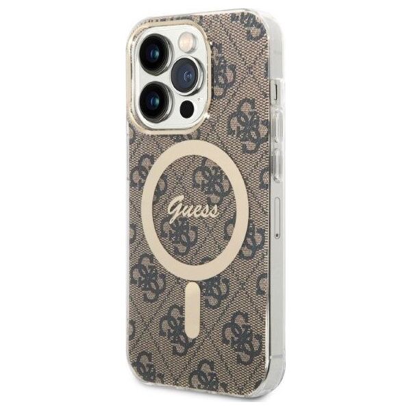 Ładowarka Guess Zestaw Guess etui + ładowarka bezprzewodowa GUBPP14LH4EACSW Apple iPhone 14 Pro brązowy/brown hard case 4G Print MagSafe