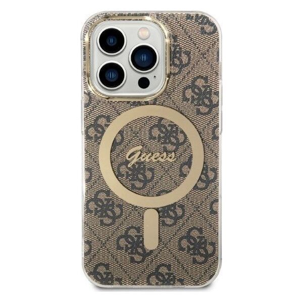 Ładowarka Guess Zestaw Guess etui + ładowarka bezprzewodowa GUBPP14LH4EACSW Apple iPhone 14 Pro brązowy/brown hard case 4G Print MagSafe