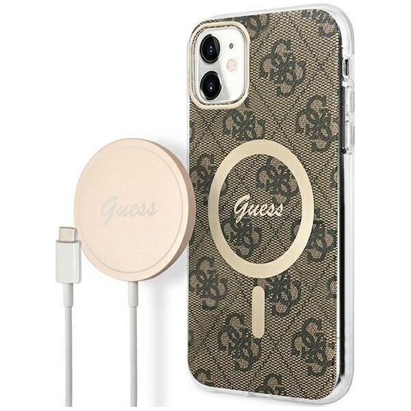 Ładowarka Guess Zestaw Guess etui + ładowarka bezprzewodowa GUBPN61H4EACSW Apple iPhone 11 brązowy/brown hard case 4G Print MagSafe