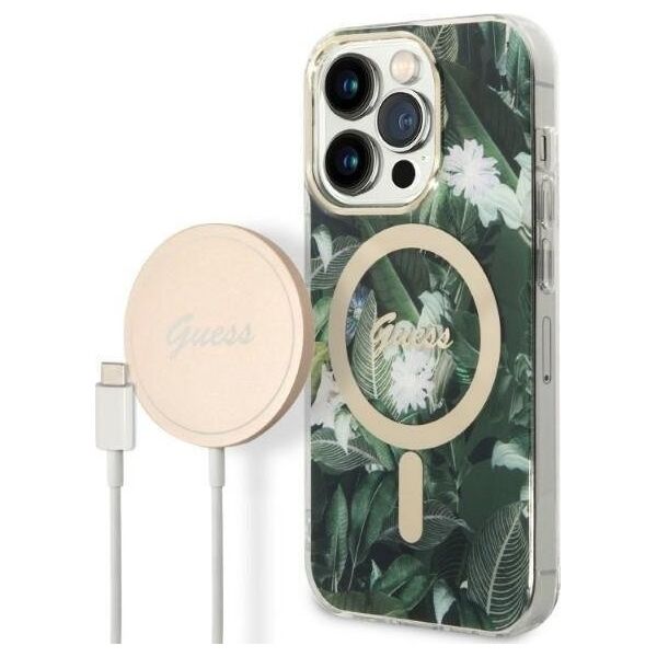 Ładowarka Guess Zestaw Guess etui + ładowarka bezprzewodowa GUBPP14LHJEACSA Apple iPhone 14 Pro zielony/green hard case Jungle MagSafe