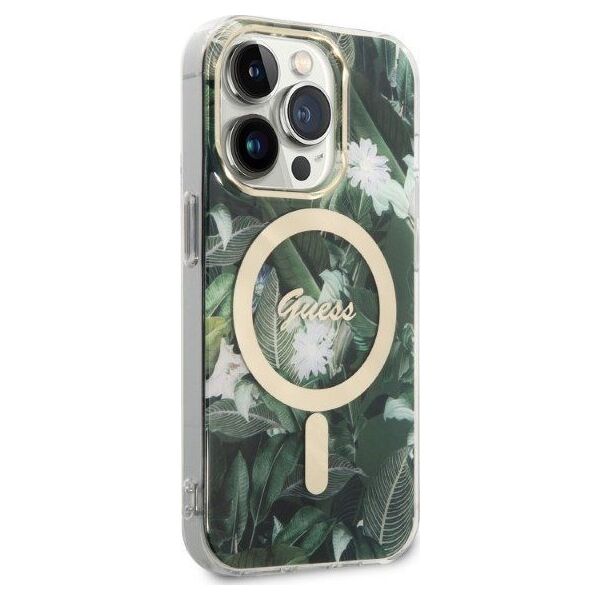 Ładowarka Guess Zestaw Guess etui + ładowarka bezprzewodowa GUBPP14LHJEACSA Apple iPhone 14 Pro zielony/green hard case Jungle MagSafe
