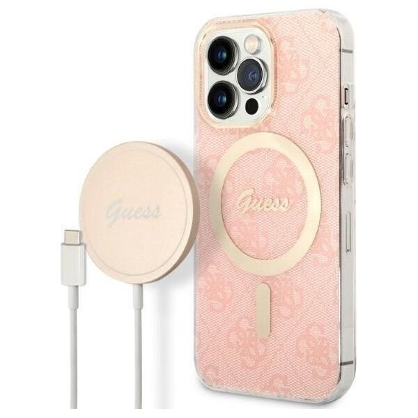 Ładowarka Guess Zestaw Guess etui + ładowarka bezprzewodowa GUBPP13XH4EACSP Apple iPhone 13 Pro Max różowy/pink hard case 4G Print MagSafe