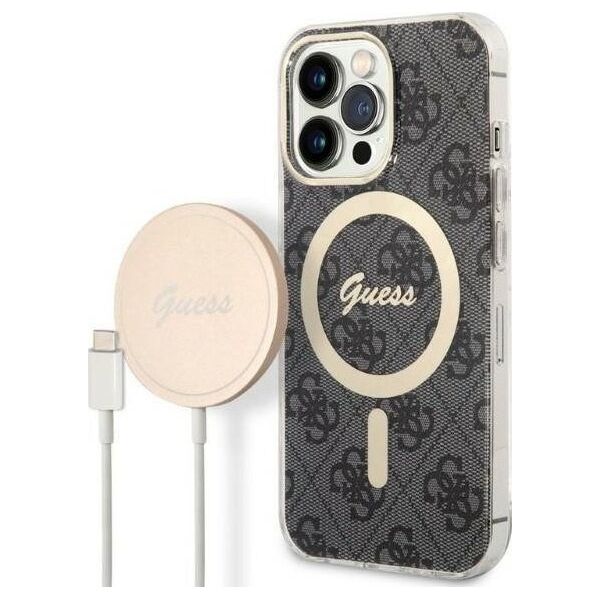 Ładowarka Guess Zestaw Guess etui + ładowarka bezprzewodowa GUBPP13XH4EACSK Apple iPhone 13 Pro Max czarny/black hard case 4G Print MagSafe