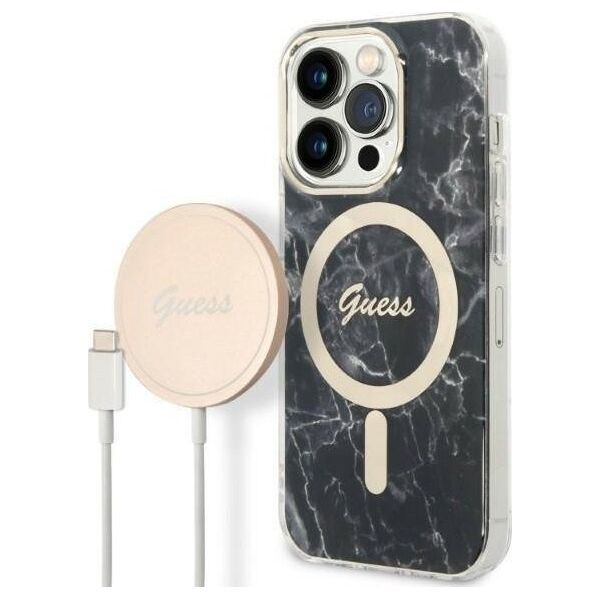 Ładowarka Guess Zestaw Guess etui + ładowarka bezprzewodowa GUBPP14XHMEACSK Apple iPhone 14 Pro Max czarny/black hard case Marble MagSafe