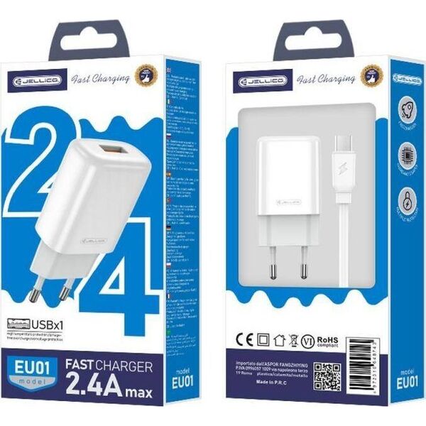 Ładowarka Jellico JELLICO ŁADOWARKA SIECIOWA EU01 2.4A  USB + KABEL MICRO USB ZESTAW BIAŁY standard