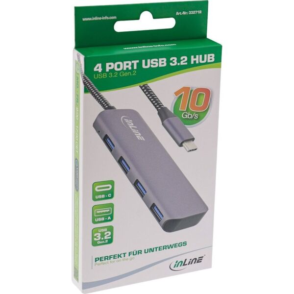 HUB USB InLine InLine® USB 3.2 Hub, USB Type-C to 4x USB A 10Gb/s, aluminium, grey