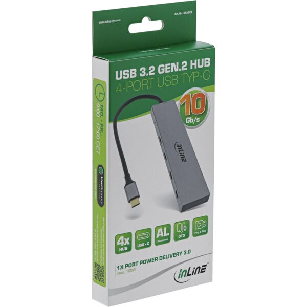 HUB USB InLine InLine® USB 3.2 Gen.2 Hub, USB Type-C to 4 Port Type-C (1 Port power through up to 100W), OTG, aluminum housing, gray, without power supply unit
