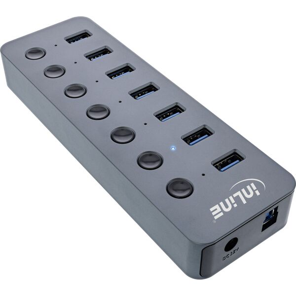 HUB USB InLine InLine® USB 3.2 Gen.1 hub, 7-port, with switch, aluminium, grey, with power supply unit
