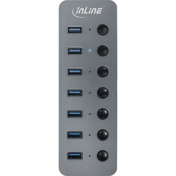 HUB USB InLine InLine® USB 3.2 Gen.1 hub, 7-port, with switch, aluminium, grey, with power supply unit