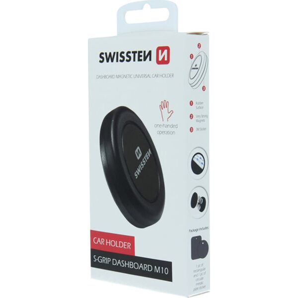 Swissten Uchwyt magnetyczny do telefonu lub GPS SWISSTEN do samochodu, S-Grip Dashboard M10, czarny, metal, z klejem, czarna, telefon