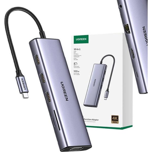 Adapter USB Ugreen Adapter 10w1 UGREEN CM498 Hub USB do 3x USB-A 3.0, HDMI, VGA, RJ45, SD/TF, AUX3.5mm, PD Converter