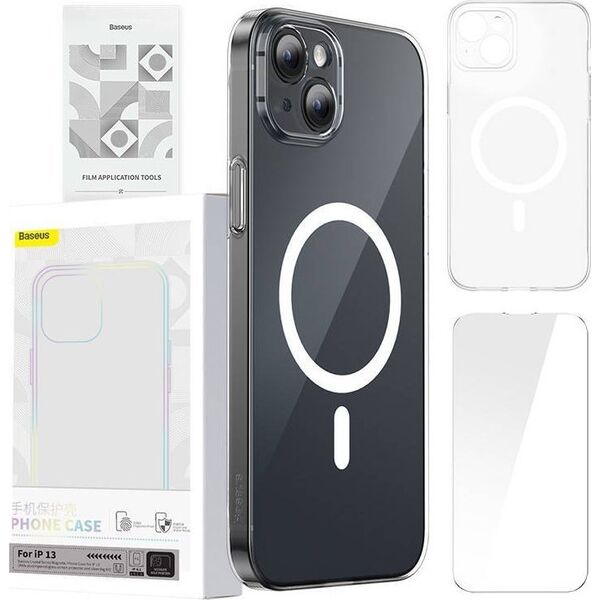 Baseus Etui ochronne Baseus Magnetic Crystal Clear do iPhone 13 (transparentne) + szkło hartowane + zestaw czyszczący