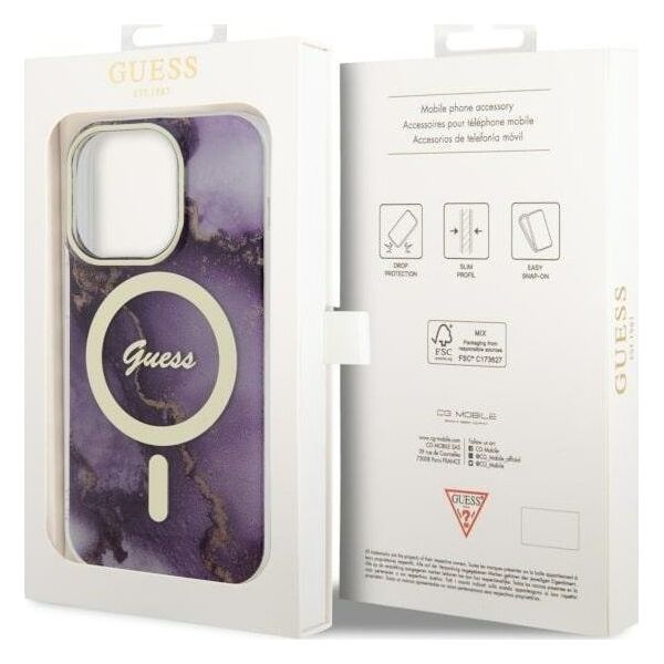 Guess Guess Golden Marble MagSafe - Etui iPhone 14 Pro (Purpurowy)