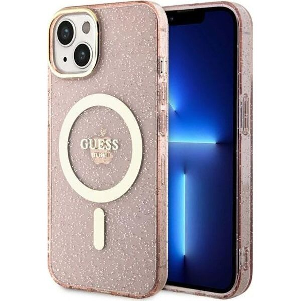 Guess Guess Glitter Gold MagSafe - Etui iPhone 14 Plus (Różowy)
