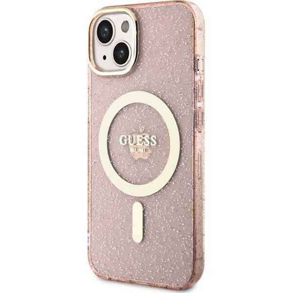 Guess Guess Glitter Gold MagSafe - Etui iPhone 14 Plus (Różowy)