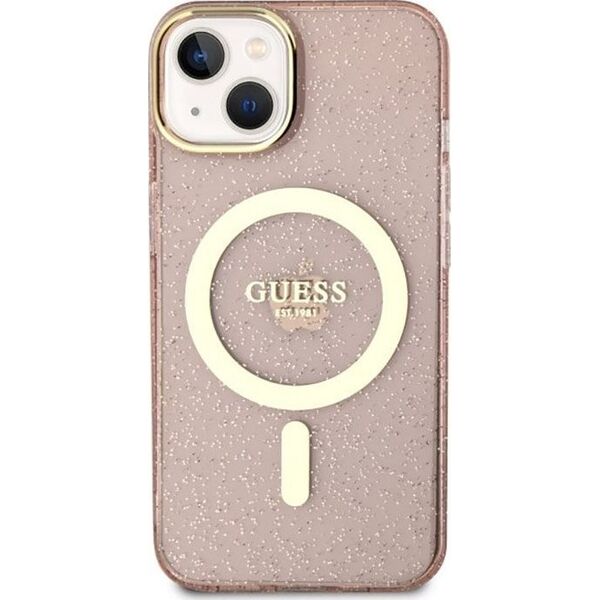 Guess Guess Glitter Gold MagSafe - Etui iPhone 14 Plus (Różowy)
