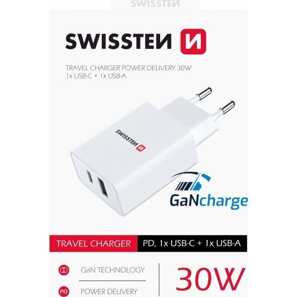 Ładowarka Swissten Swissten Travel 1x USB-C, 1x USB-A 30W